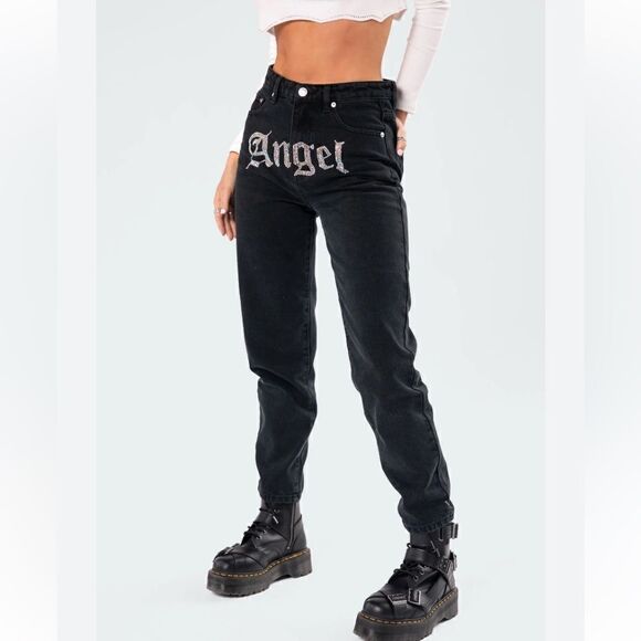 edikted Denim - Edikted Angel Jeans Mom Jeans Black Size Medium